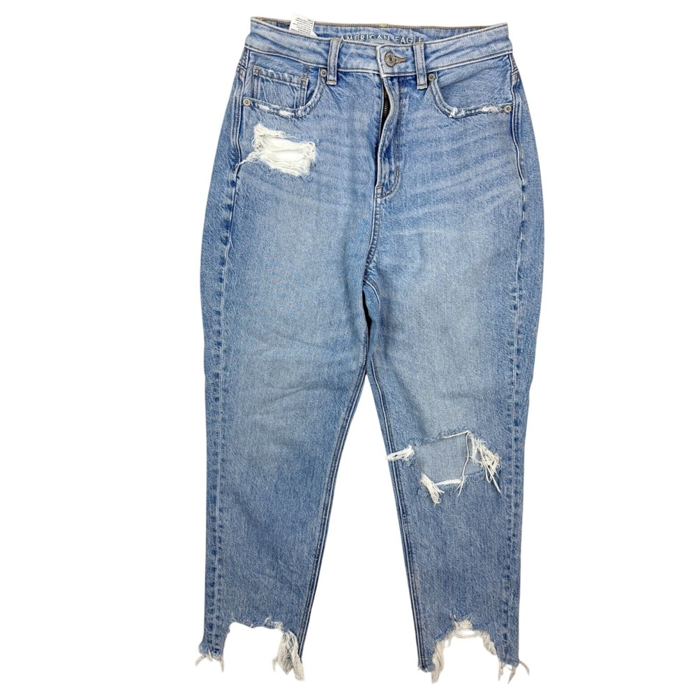 American Eagle Highest‎ Rise Mom Jeans Size 2-Short Womens Light Wash Distressed